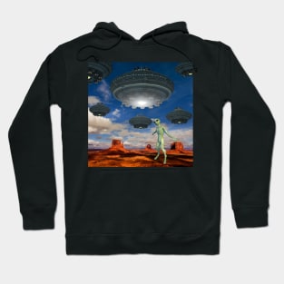 Alien UFO Cruising Over Desert - Alien Being Watching Hoodie